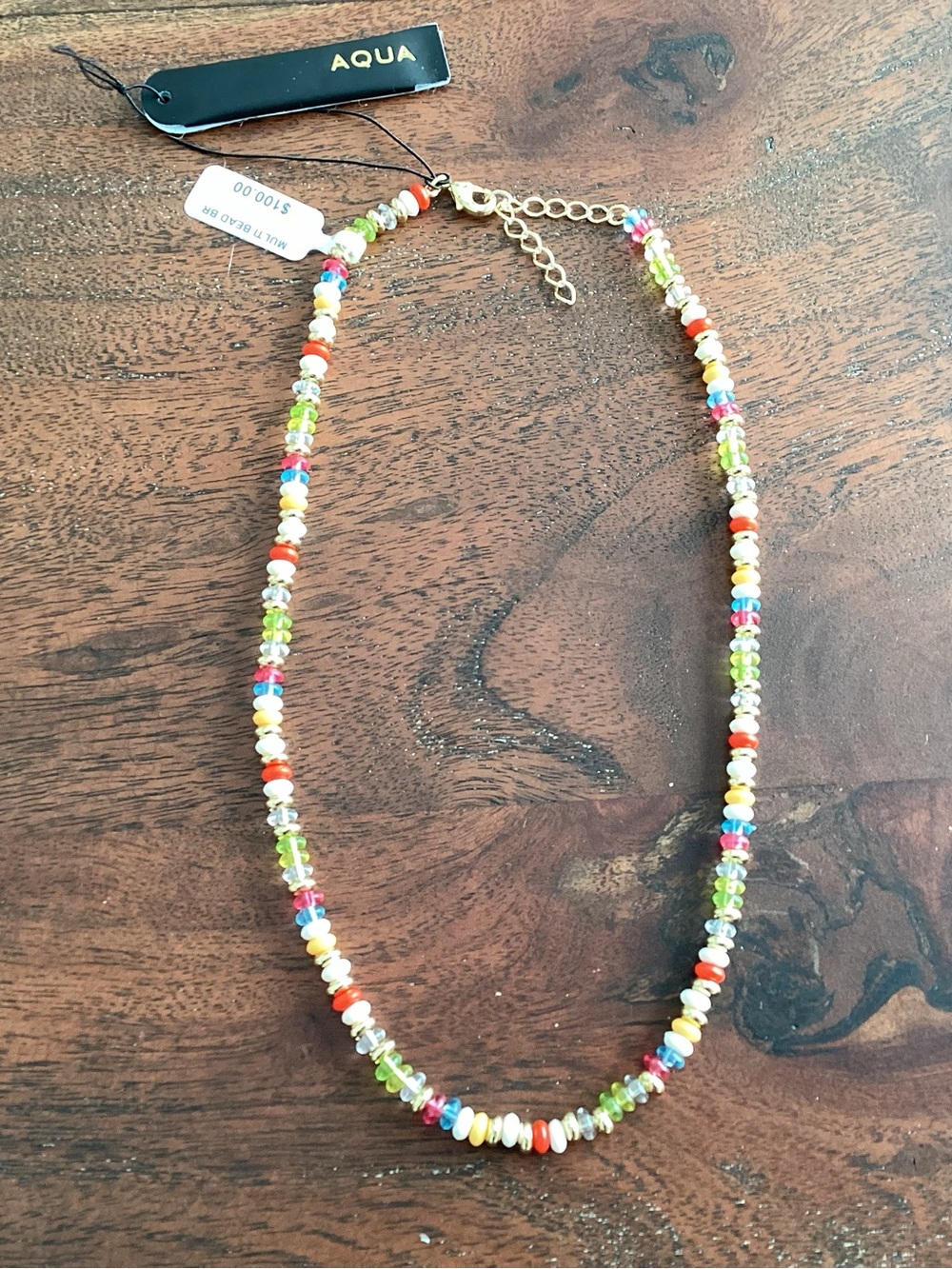 Aqua Multicolor Seed Bead Necklace with Green Accents